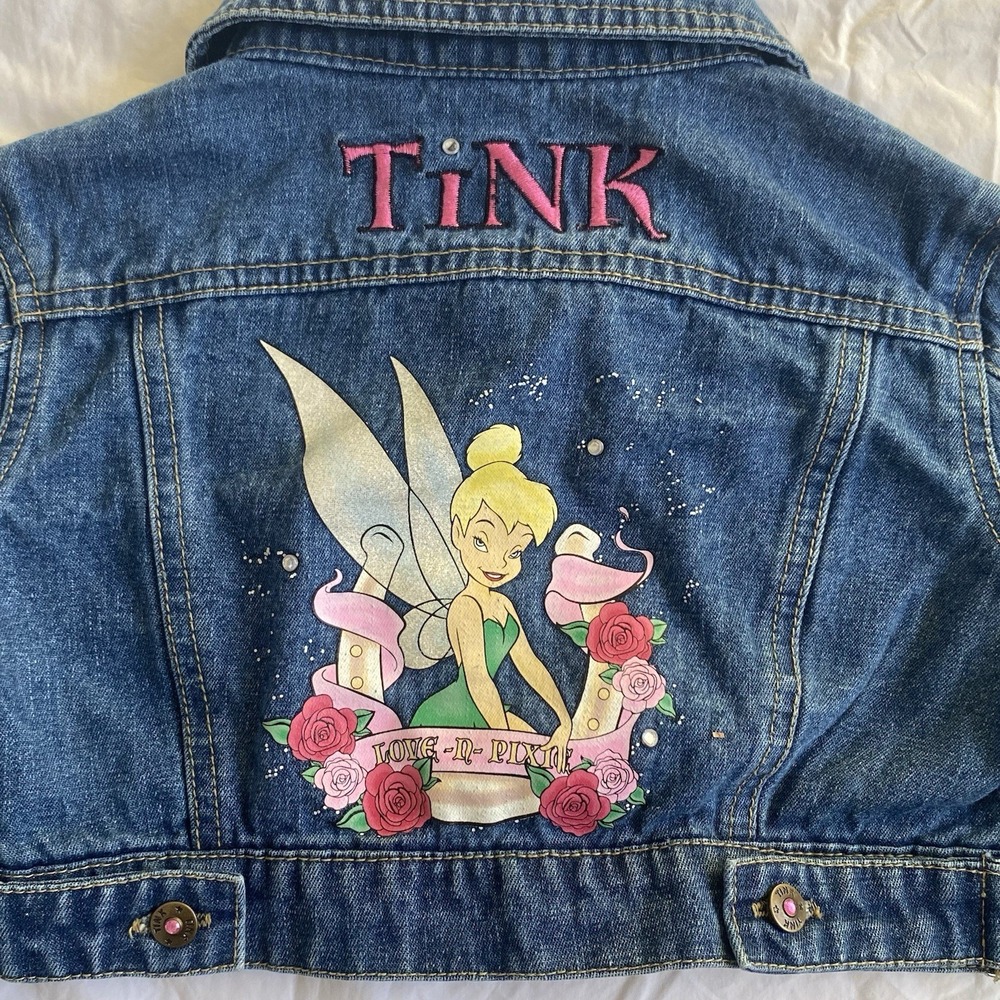 Disney Tinker Bell Denim Crop Jacket Girl 10-12 TINK Blue Jean Embroidered Fairy